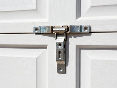 Macro close-up of heavy-duty galvanized steel garage door hinges installed on clean timber, bright Florida daylight, sharp focus, 35mm