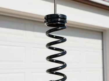 Close-up of a high-cycle garage door torsion spring, tensioned and coated in black protective enamel, bright outdoor lighting, professional architectural photography