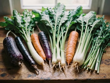 Overhead flat-lay of fresh, organic vegetables and herbs on a rustic wooden board, soft natural light, rich earthy tones, shallow depth of field, 35mm film