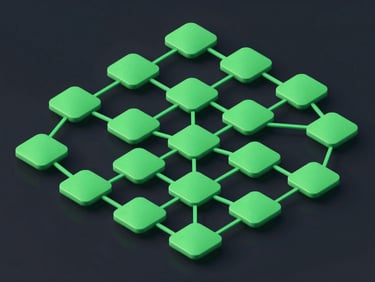 Isometric digital diagram showing structured message flow nodes branching from a single broadcast node, vibrant green lines, clean dark background
