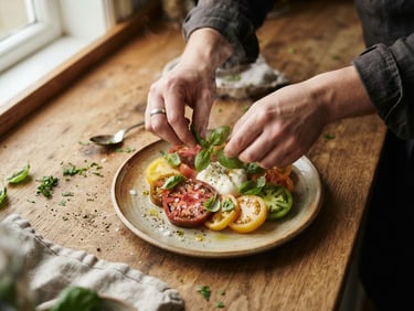 A close-up overhead shot of hands plating a rustic heirloom tomato dish at a wooden kitchen pass, steam rising, soft natural Scandinavian daylight, rich crimson and forest green tones, shallow depth of field