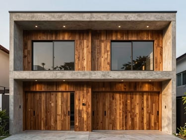 Symmetrical architectural elevation of a newly constructed modern minimalist two-story Indonesian home, concrete and wood facade, warm lighting