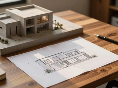 Architectural blueprint drawing on a modern wooden desk next to a concrete model, soft side light