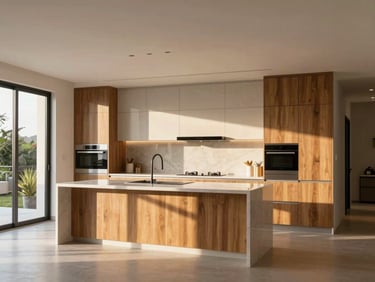 High-end modern home renovation interior, clean lines, luxury kitchen renovation, bright natural light