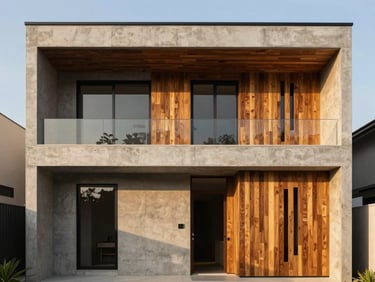 Minimalist modern Indonesian house facade with concrete and wood elements, golden hour light, architectural photography