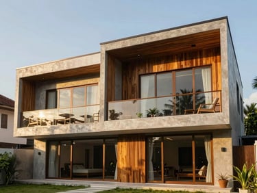 A stunning three-story modern tropical villa in Menteng, featuring large glass windows, concrete finishes, and warm wood accents, golden hour lighting