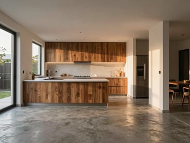 Modern home renovation interior showing a clean open-space kitchen and concrete floor, soft natural light