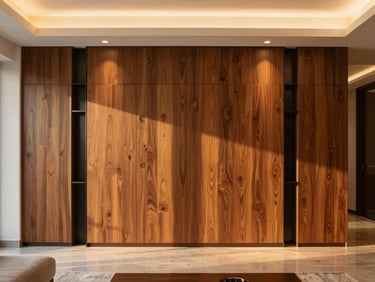 Luxury modern living room interior design with custom teak wood paneling and warm ambient lighting
