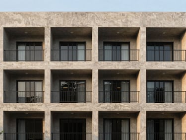 Modern multi-story boarding house architecture in Jakarta, clean lines, minimalist concrete facade