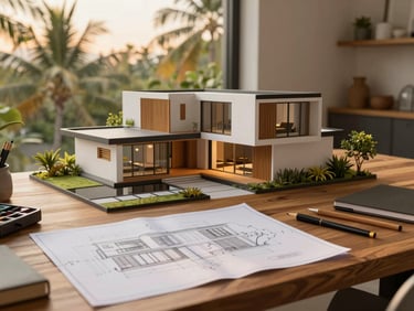 Architectural blueprint and 3D model of a modern tropical house on a wooden desk, drafting tools, warm workspace lighting