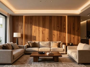 Luxury modern minimalist living room interior with custom teak wood paneling, warm ambient lighting, elegant furniture