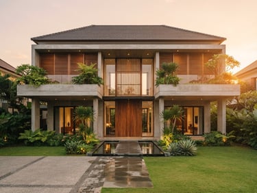 Symmetrical front elevation of a modern Indonesian luxury house at golden hour, warm lighting, clean concrete and teak wood facade, high-end architectural photography, 35mm lens