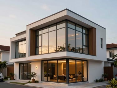 Contemporary commercial shophouse or ruko building with glass facade, modern design, clean lines, evening lighting