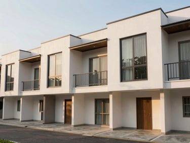 Modern minimalist multi-story boarding house or kost building in Jakarta, clean design, efficient parking area, daytime light