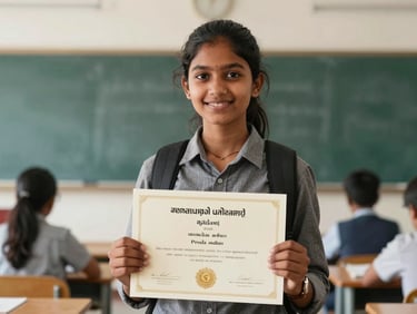 Proud Indian student holding an academic certificate, clean classroom background, natural lighting