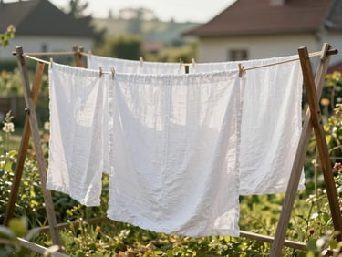 Crisp, sun-dried white linen sheets hanging on a wooden drying rack in a lush, sun-drenched Hungarian suburban garden, soft morning light, shallow depth of field.