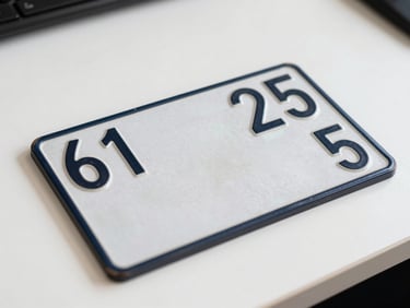 Flat-lay overhead shot of a Turkish vehicle registration document on a clean white desk, bright neutral studio light, extreme close-up showing printed plate number and policy date fields, no faces, no shadows