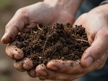 Macro close-up of dark, moist soil teeming with organic matter, held gently in weathered hands under soft morning light