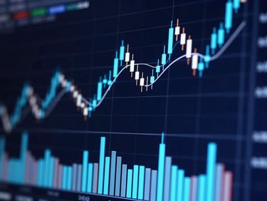 Extreme close-up of a Bitcoin price candlestick chart on a dark terminal screen, electric blue and cyan candles with volume bars below, subtle glow emanating from the chart lines against a deep navy background, screen-lit environment, no human subjects