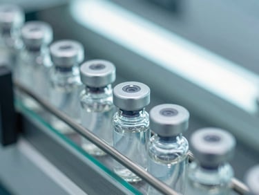 Macro shot of sealed glass vials on an automated conveyor line, bright cool cleanroom fluorescent light, sterile teal tones, sharp focus, 35mm