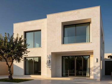 Sun-drenched luxury villa exterior in Riyadh, clean white limestone walls, minimalist glass windows, golden hour light, olive tree accent