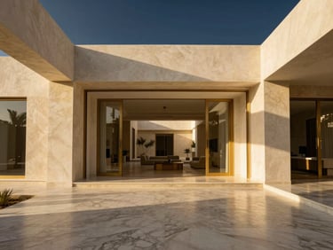 Sun-drenched minimalist interior of a luxury villa in Al-Hada, high ceilings, marble floors, warm gold accents, soft natural indoor light.