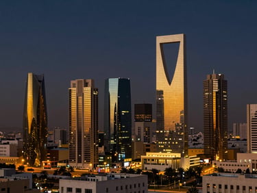 Sweeping aerial view of Riyadh Diplomatic Quarter skyline at twilight, deep navy and warm gold tones, high contrast.