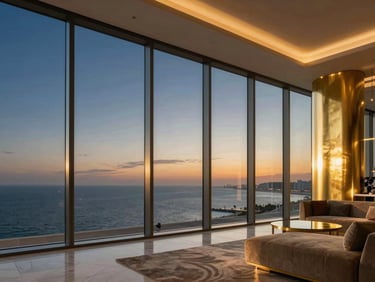 Modern penthouse interior in Jeddah, floor-to-ceiling windows overlooking the Red Sea at sunset, brushed gold fixtures, plush seating