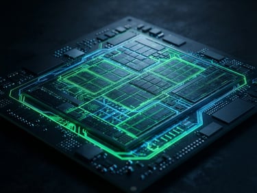 High-fidelity vector schematic of a mobile CPU system-on-a-chip, glowing circuit traces in neon green and cyber blue, dark low-key background, technical blueprint style.