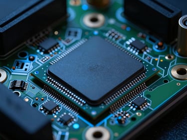 Macro photography of a mobile device motherboard, focus on a clean silicon processor chip, moody low-key lighting with sharp blue accent reflections, sleek metallic surfaces.
