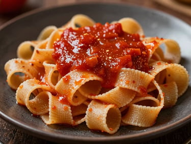 Macro shot of textured handmade pappardelle pasta glistening with rich tomato sauce on a dark ceramic plate, warm side lighting