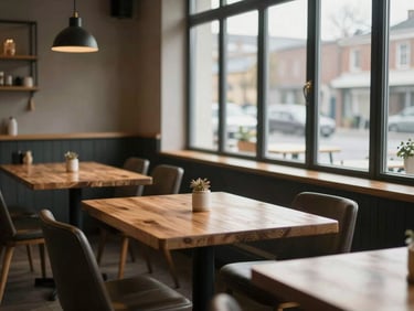 Cozy Scandinavian-style restaurant interior with empty wooden tables, soft morning light spilling through a large window, quiet atmosphere.