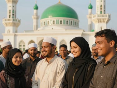 Local community members working together outside a green-and-white mosque, smiling faces, warm daylight, 35mm lens