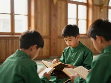 Close-up of children reading Al-Qur'an inside a beautifully lit wooden mosque interior, natural soft window light, warm editorial photography