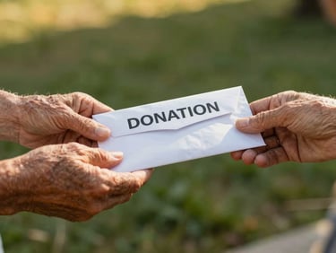 Close-up of hands giving a transparent donation envelope to an elder, respectful framing, warm golden daylight, 35mm lens
