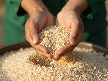 Close-up of hands respectfully pouring rice grains for zakat fitrah, warm editorial lighting, 35mm lens
