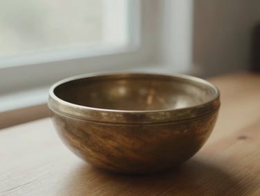Close-up of a handmade bronze singing bowl resting on a wooden table, soft window light, warm sand tones, shallow depth of field
