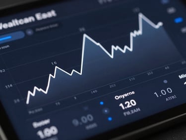 Macro high-fidelity dark-mode UI mockup of a wealth dashboard, clean white compounding line graph on slate navy background, minimalist financial metrics, cool blue accent lighting