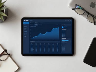 Overhead flatlay of a modern workspace, a clean tablet screen displaying a secure financial dashboard with crisp blue charts, neutral daylight, professional and secure.