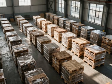 High-angle wide shot of an organized industrial warehouse with neat rows of cargo pallets, dramatic sunlight streaming through high windows casting long shadows
