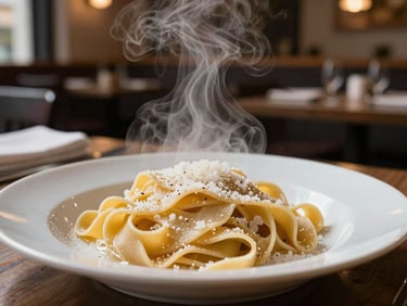 Close-up of steam rising from a fresh plate of handmade pasta in a dimly lit, cozy Scandinavian-style restaurant.