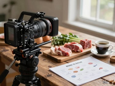 Behind-the-scenes shot of a professional camera rig positioned over a rustic wooden table filled with raw ingredients, a storyboard and espresso cup nearby, soft natural daylight.