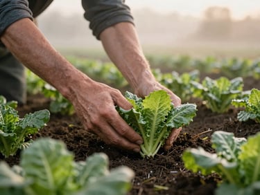 Hands in soil harvesting crisp organic greens at dawn, morning mist rising over a Pacific Northwest farm.
