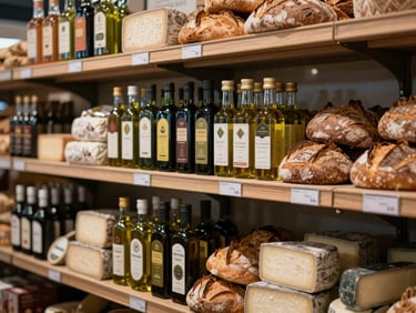 A beautifully curated modern food market shelf stocked with artisanal oils, fresh sourdough, and local cheeses.