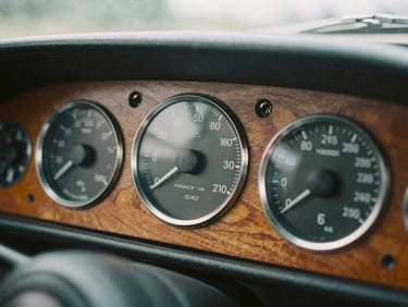 Extreme close-up of a vintage car dashboard, polished wood grain and analog dials, soft natural light, 35mm film