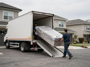 Wide shot of a moving truck backed up to a residential building entrance, ramp fully lowered, two crew members carrying a wrapped sofa down the ramp under overcast daylight, neutral grey asphalt foreground