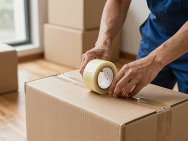 Close-up detail of a crew member applying packing tape to a sealed cardboard box on a wooden floor, natural window light from the left, stacked boxes visible in the background