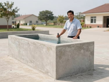 A new concrete water filtration station in a clean village square, local leader smiling, bright daytime, 35mm lens