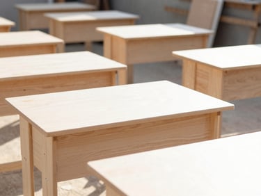 Bright natural photo of local carpenters assembling wooden desks in a sunlit outdoor workshop, clean daylight, 35mm lens