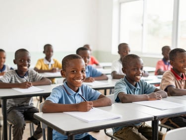 Bright natural daylight photo of a modern classroom in East Africa, children smiling at desks, 35mm lens